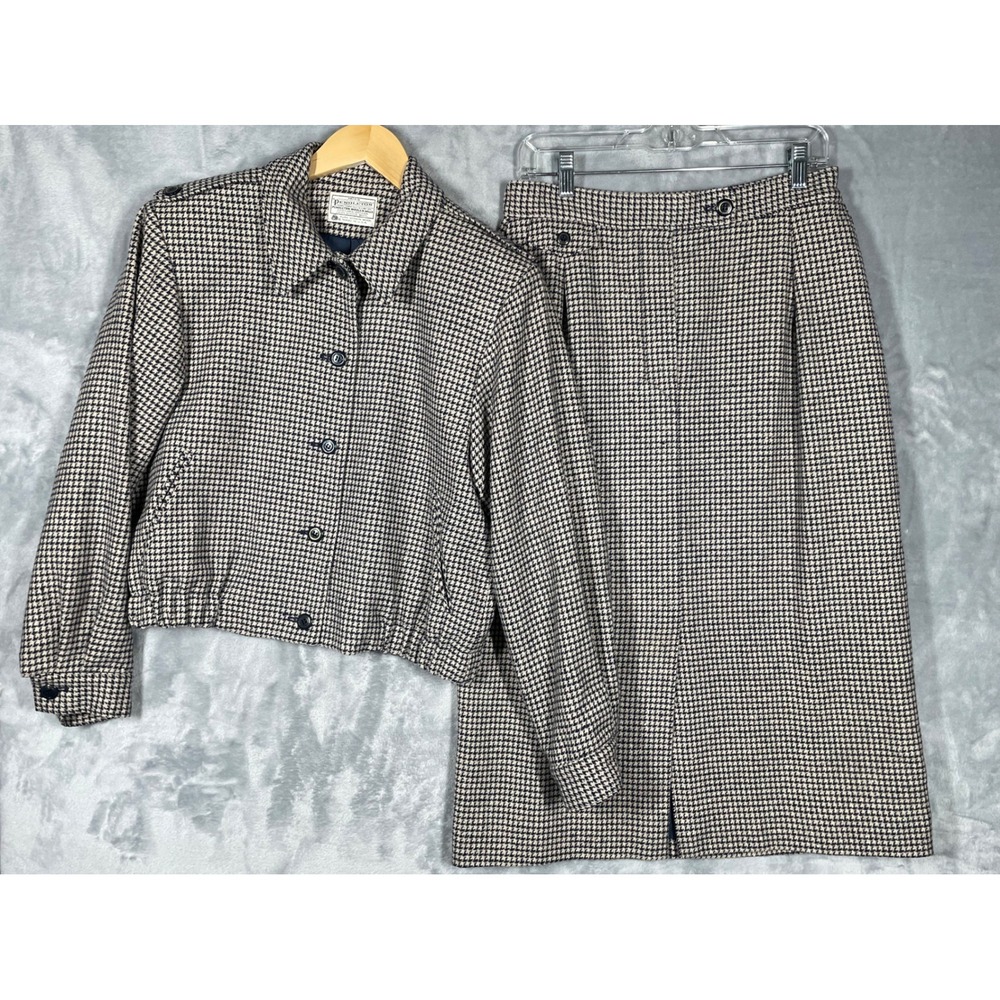 Miss Pendleton Wool Skirt Suit Set Houndstooth Navy Blue Vintage 12 14 USA